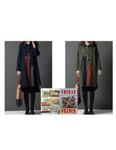 Chemise coton lin bleu ou kaki LIN aplats tissus sombres créateurs boho ethnique