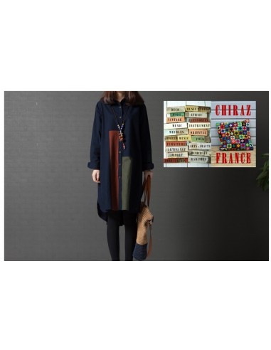 Chemise coton lin bleu ou kaki LIN aplats tissus sombres créateurs boho ethnique