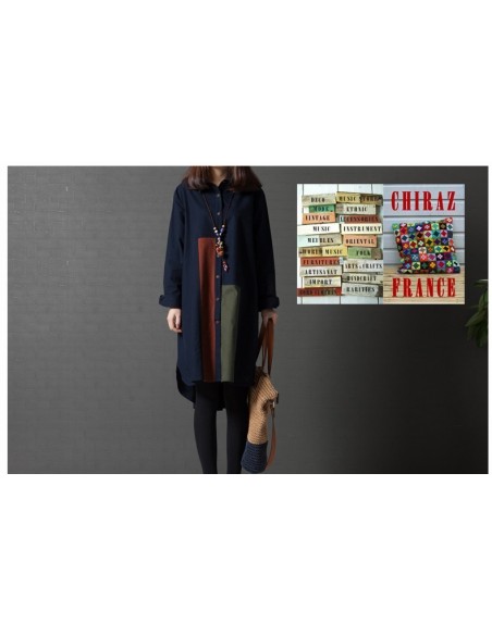 Chemise coton lin bleu ou kaki LIN aplats tissus sombres créateurs boho ethnique