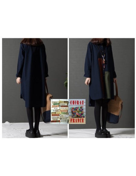 Chemise coton lin bleu ou kaki LIN aplats tissus sombres créateurs boho ethnique