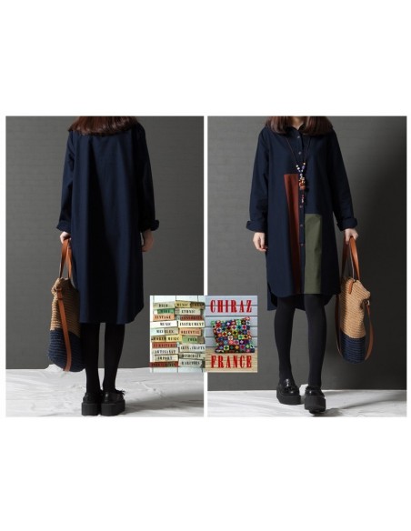 Chemise coton lin bleu ou kaki LIN aplats tissus sombres créateurs boho ethnique