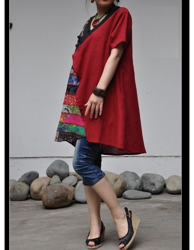 Tunique kaftan longue superposition LIN patchwork côté col biais noir col ROUGE