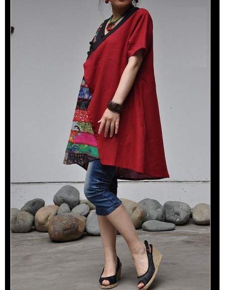 Tunique kaftan longue superposition LIN patchwork côté col biais noir col ROUGE