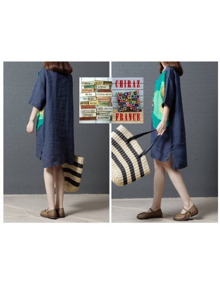 Tunique kaftan patchwork tissus fleurs chanvre bleu longue boho ethnique