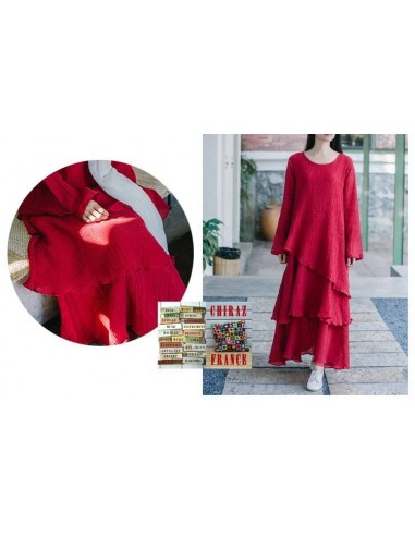 Robe longue coton gaufré MARINE ROUGE boho ethnique folk