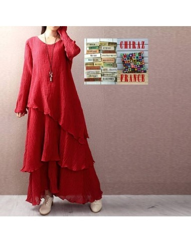 Robe longue coton gaufré MARINE ROUGE boho ethnique folk