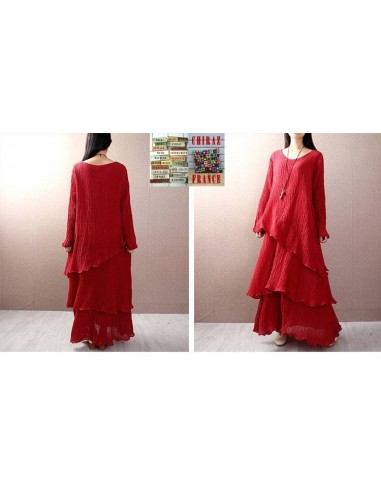 Robe longue coton gaufré MARINE ROUGE boho ethnique folk