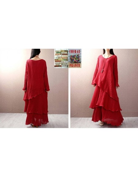 Robe longue coton gaufré MARINE ROUGE boho ethnique folk