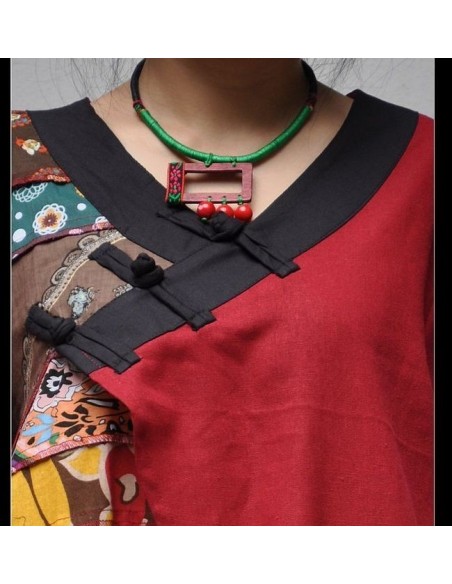 Tunique kaftan longue superposition LIN patchwork côté col biais noir col ROUGE