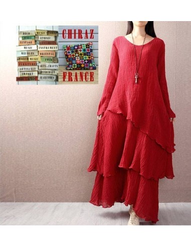 Robe longue coton gaufré MARINE ROUGE boho ethnique folk