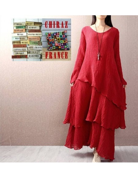 Robe longue coton gaufré MARINE ROUGE boho ethnique folk