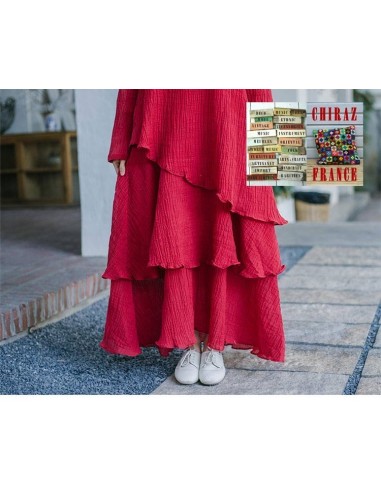 Robe longue coton gaufré MARINE ROUGE boho ethnique folk