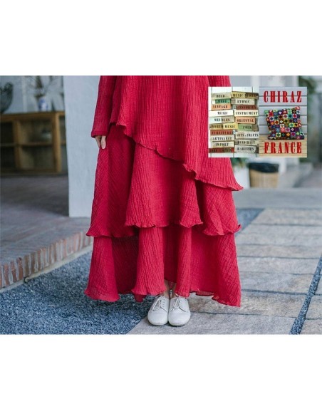 Robe longue coton gaufré MARINE ROUGE boho ethnique folk