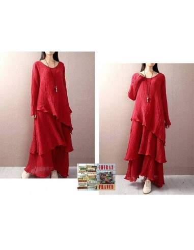 Robe longue coton gaufré MARINE ROUGE boho ethnique folk