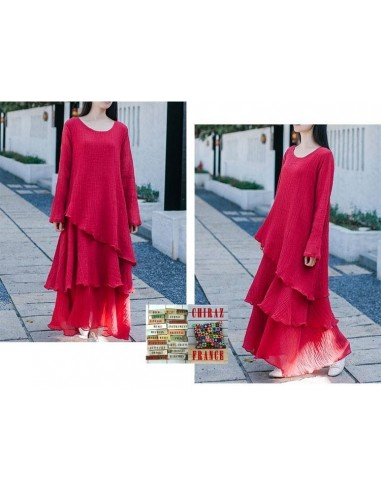 Robe longue coton gaufré MARINE ROUGE boho ethnique folk