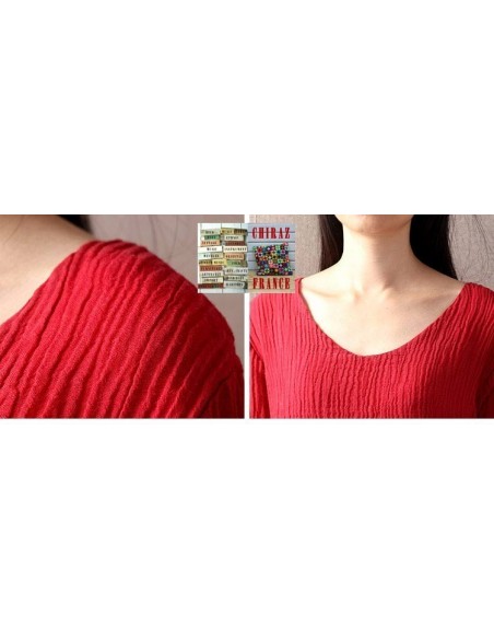 Robe longue coton gaufré MARINE ROUGE boho ethnique folk