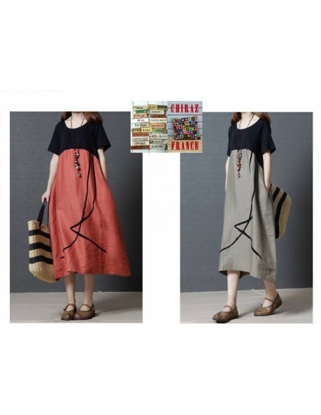 Robe longue bas coton rebrodé et haut noir jersey boho ethnique folk