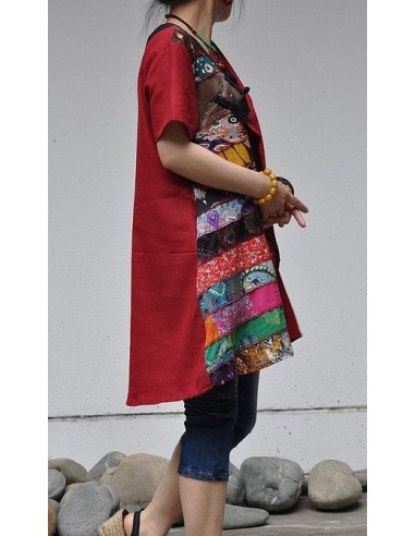 Tunique kaftan longue superposition LIN patchwork côté col biais noir col ROUGE