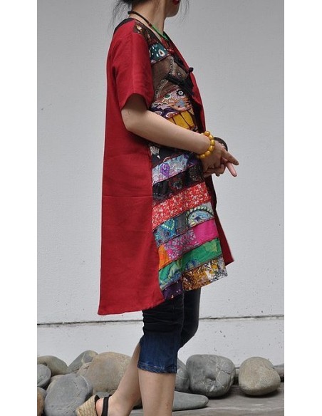 Tunique kaftan longue superposition LIN patchwork côté col biais noir col ROUGE