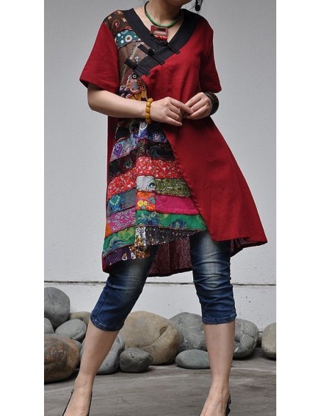 Tunique kaftan longue superposition LIN patchwork côté col biais noir col ROUGE