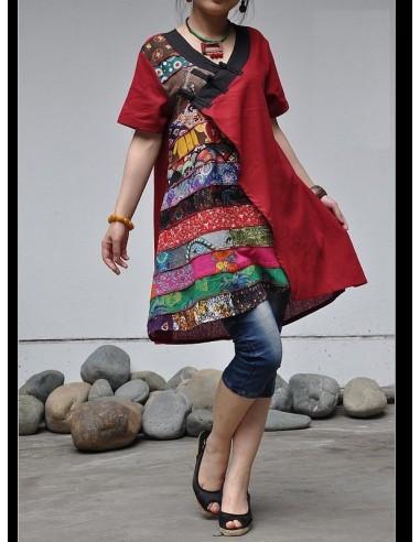 Tunique kaftan longue superposition LIN patchwork côté col biais noir col ROUGE