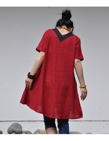 Tunique kaftan longue superposition LIN patchwork côté col biais noir col ROUGE