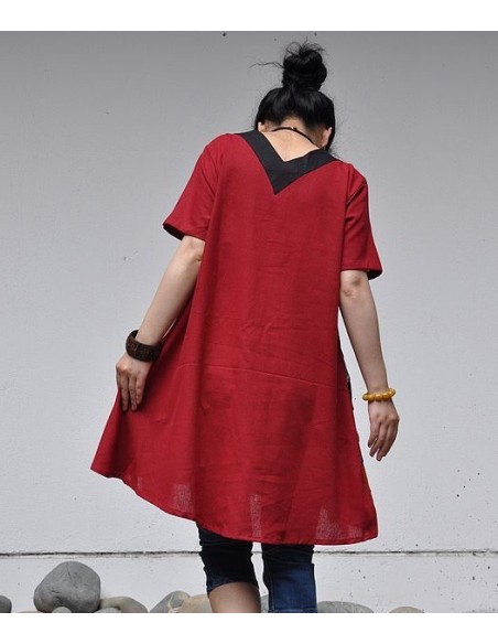 Tunique kaftan longue superposition LIN patchwork côté col biais noir col ROUGE