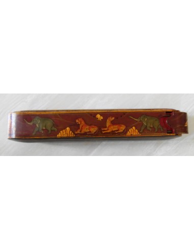 Encrier plumier peint main miniature safran scène de chasse Kadjar