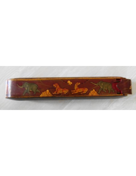 Encrier plumier peint main miniature safran scène de chasse Kadjar
