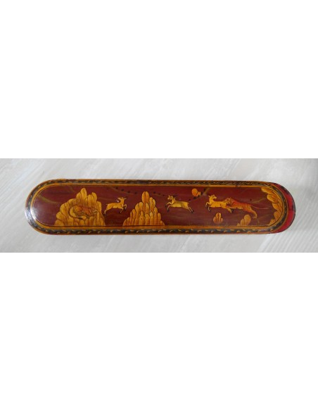 Encrier plumier peint main miniature safran scène de chasse Kadjar