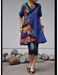 Tunique kaftan longue superposition LIN patchwork côté col biais noir col BLEU
