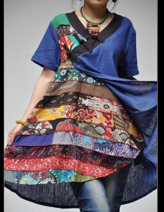 Tunique kaftan longue superposition LIN patchwork côté col biais noir col BLEU 2