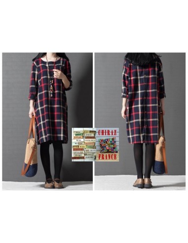 Chemise robe bleu longue carreaux oversize de coton tartan bourgeon grand-père créateur boho folk