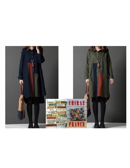 Chemise coton lin bleu ou kaki LIN aplats tissus sombres créateurs boho ethnique