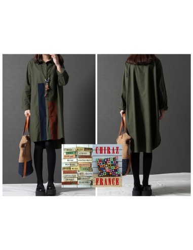 Chemise coton lin bleu ou kaki LIN aplats tissus sombres créateurs boho ethnique