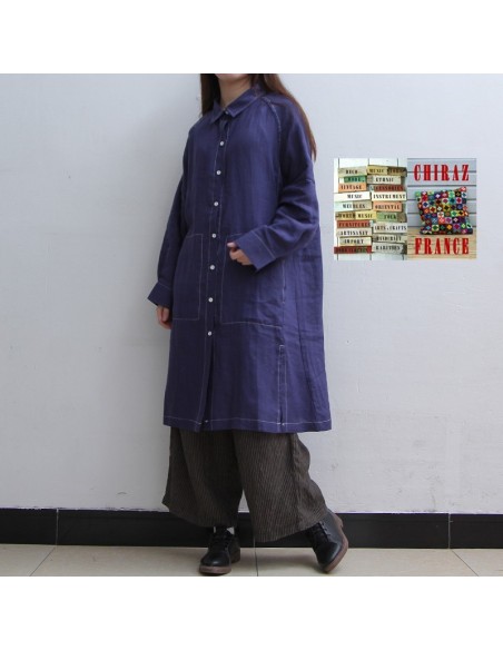 Liquette chemisier BLEU long large LIN brut surveste boho ethnique