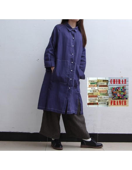 Liquette chemisier BLEU long large LIN brut surveste boho ethnique