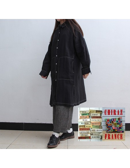 Liquette chemisier NOIR long large LIN brut surveste boho ethnique