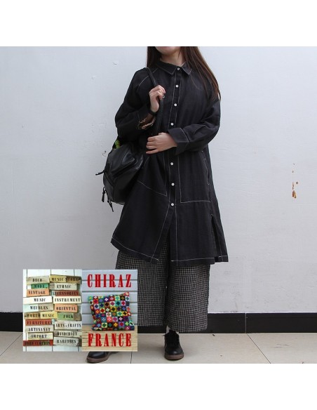 Liquette chemisier NOIR long large LIN brut surveste boho ethnique