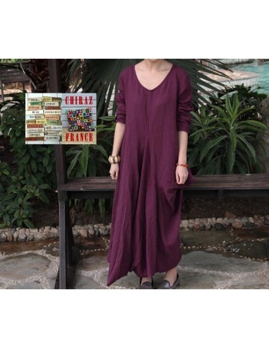 Robe longue LIN brut coupe destructurée effet boule noir violet orange XL boho ethnique folk