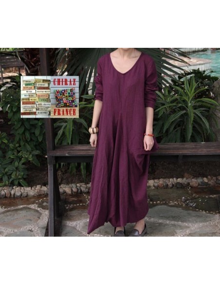 Robe longue LIN brut coupe destructurée effet boule noir violet orange XL boho ethnique folk