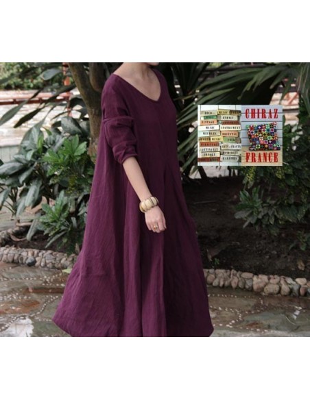 Robe longue LIN brut coupe destructurée effet boule noir violet orange XL boho ethnique folk