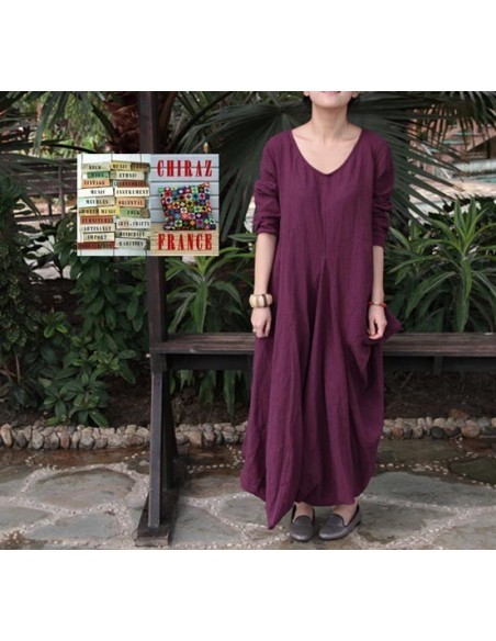Robe longue LIN brut coupe destructurée effet boule noir violet orange XL boho ethnique folk