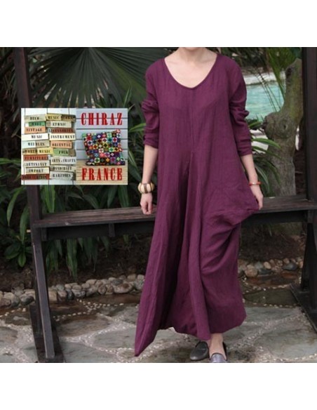 Robe longue LIN brut coupe destructurée effet boule noir violet orange XL boho ethnique folk