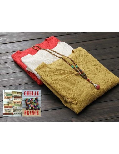 Tunique coton rebrodé col V pankou manches longues rouge dos long, blanc, jaune 38 - 44