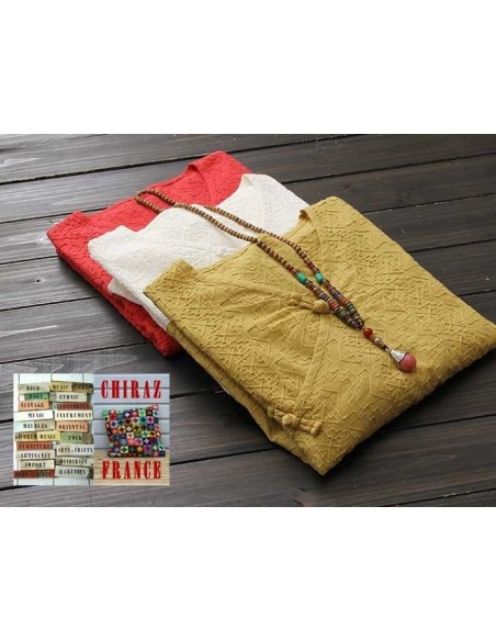 Tunique coton rebrodé col V pankou manches longues rouge dos long, blanc, jaune 38 - 44