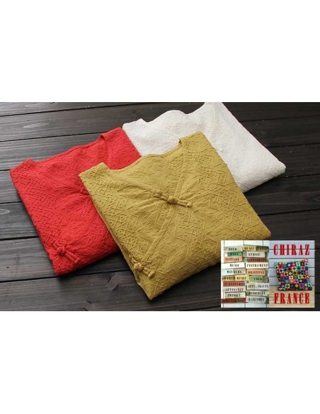 Tunique coton rebrodé col V pankou manches longues rouge dos long, blanc, jaune 38 - 44