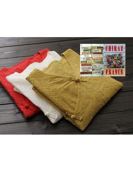 Tunique coton rebrodé col V pankou manches longues rouge dos long, blanc, jaune 38 - 44
