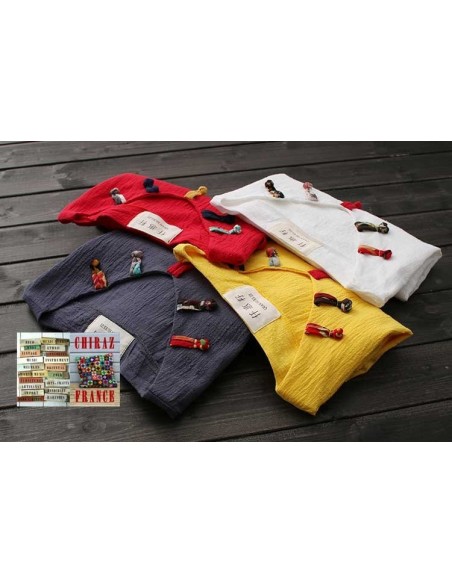 Tunique coton lin gaufré biais encolure V pattes manches courtes rouge, jaune ou blanc 38 - 44