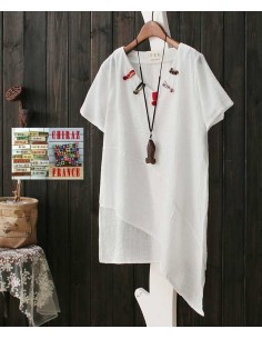 Tunique coton lin gaufré biais encolure V pattes manches courtes rouge, jaune ou blanc 38 - 44